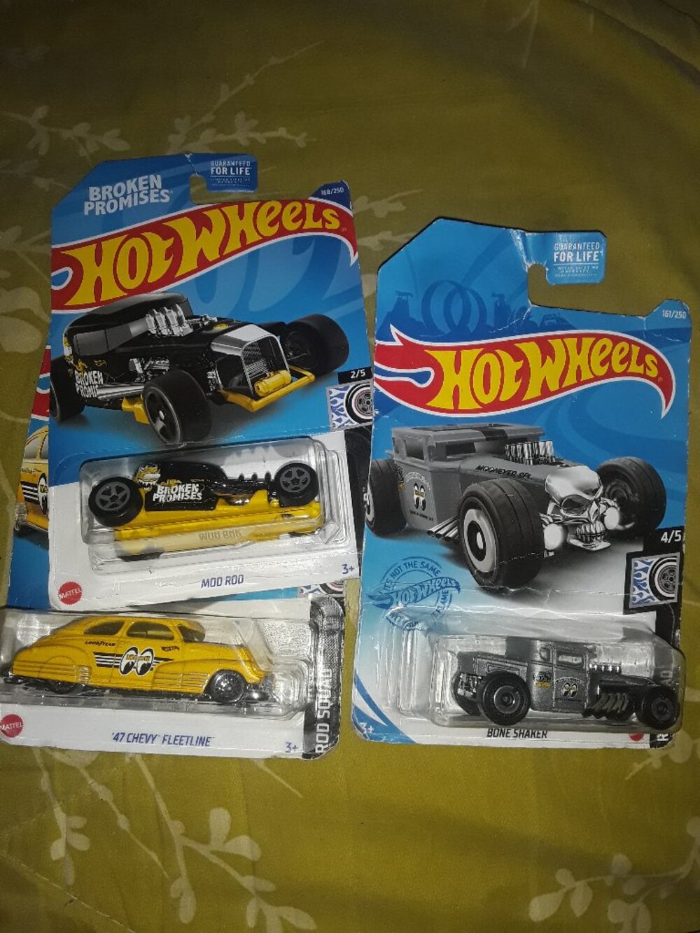 3 PC HOT WHEELS ROD SQUAD '47 CHEVY FLEETLINE, BONE SHAKER, AND MOD ROD CAR EYES
